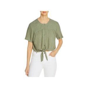 DESIGN HISTORY Womens Green Short Sleeve Jewel Neck Button Up Top L